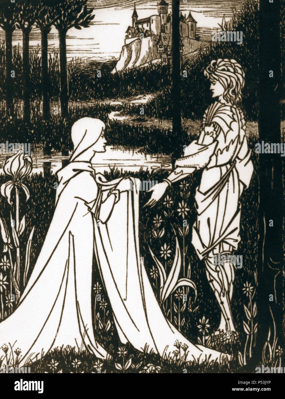Arthurian legend. King Arthur and the Lady of the Lake. Engraving. 19th