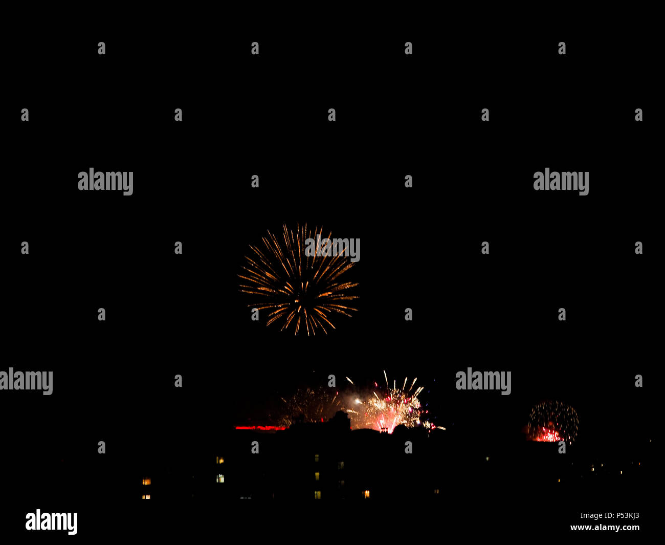 Abstract colored firework background with free space for text. Stock Photo