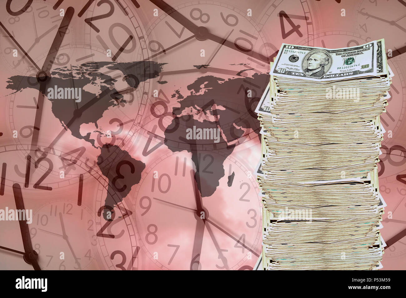 close up shot of a world map on dollar bill background Stock Photo