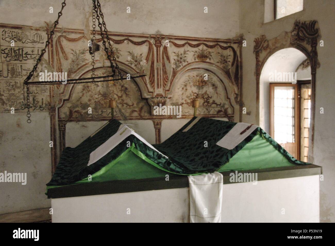 Albania. Kruje. The Dollma Teqe. Bektashi temple, 1789.The Bektashism is a Islamic sufi order. Inside. Graves. Stock Photo