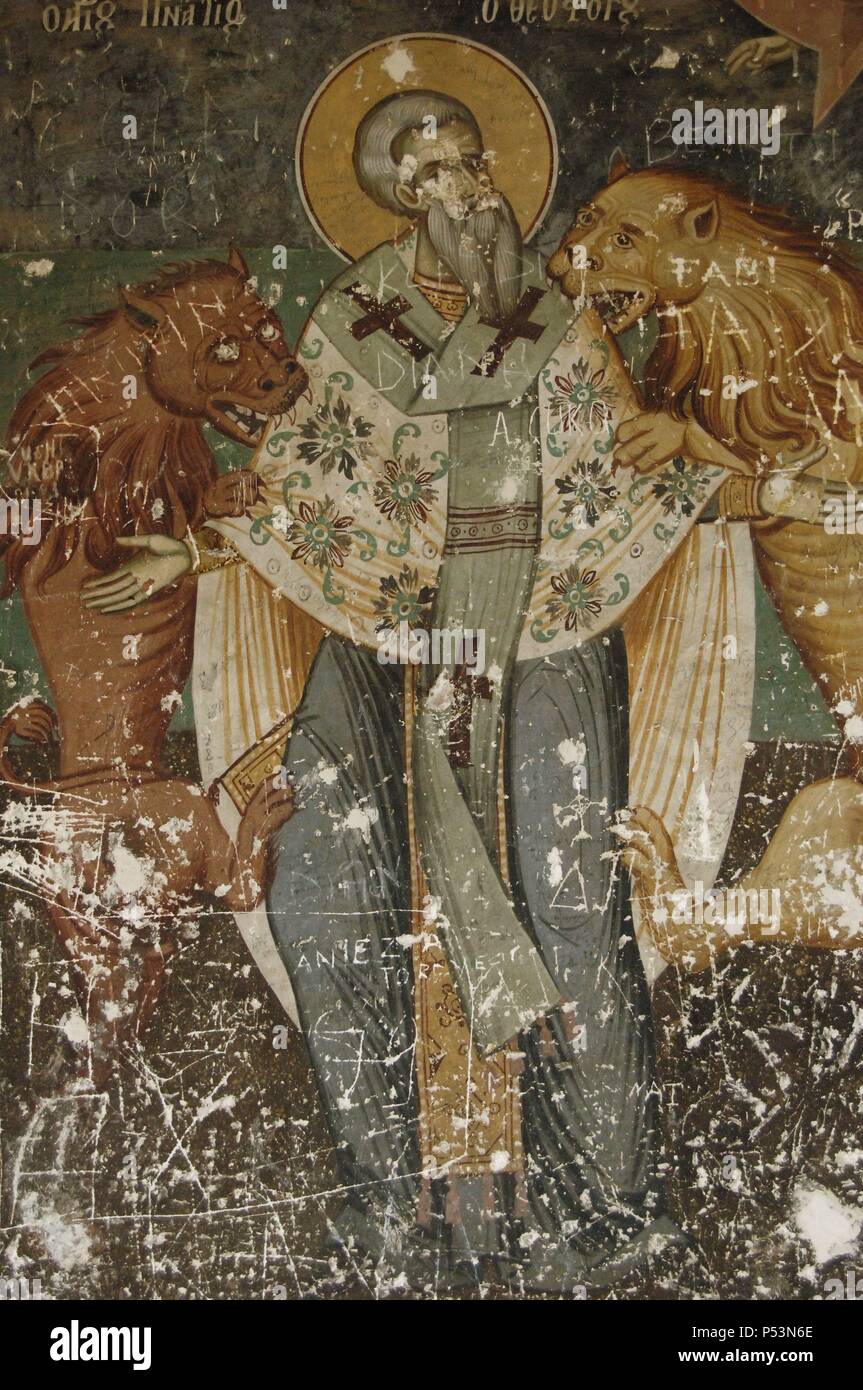 Republic of Albania. Moscopole. Frescoes at the exonarthex of Saint Nicholas Church. 18th century. By brothers Kostandin and Athanas Zografi. Stock Photo