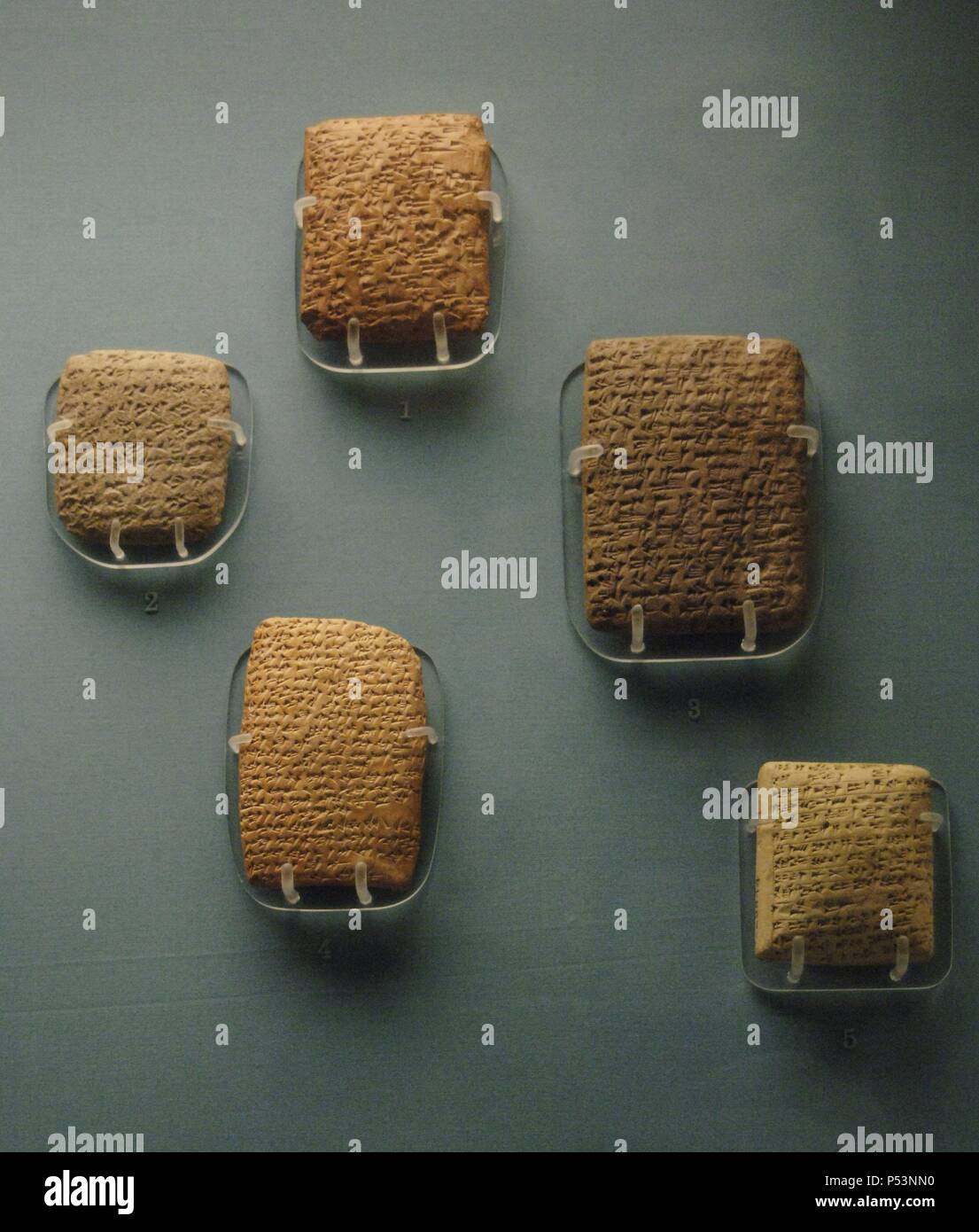 Amarna Letters. 14th century BC. Clay tablets with cuneiform script, mostly written in Akkadian. Designate a file of correspondence, mostly diplomatic, between the Egyptian administration and its representatives in Canaan and Amurru. 1350-1330 BC. From Amarna (Upper Egypt). British Museum. London. United Kingdom. Stock Photo