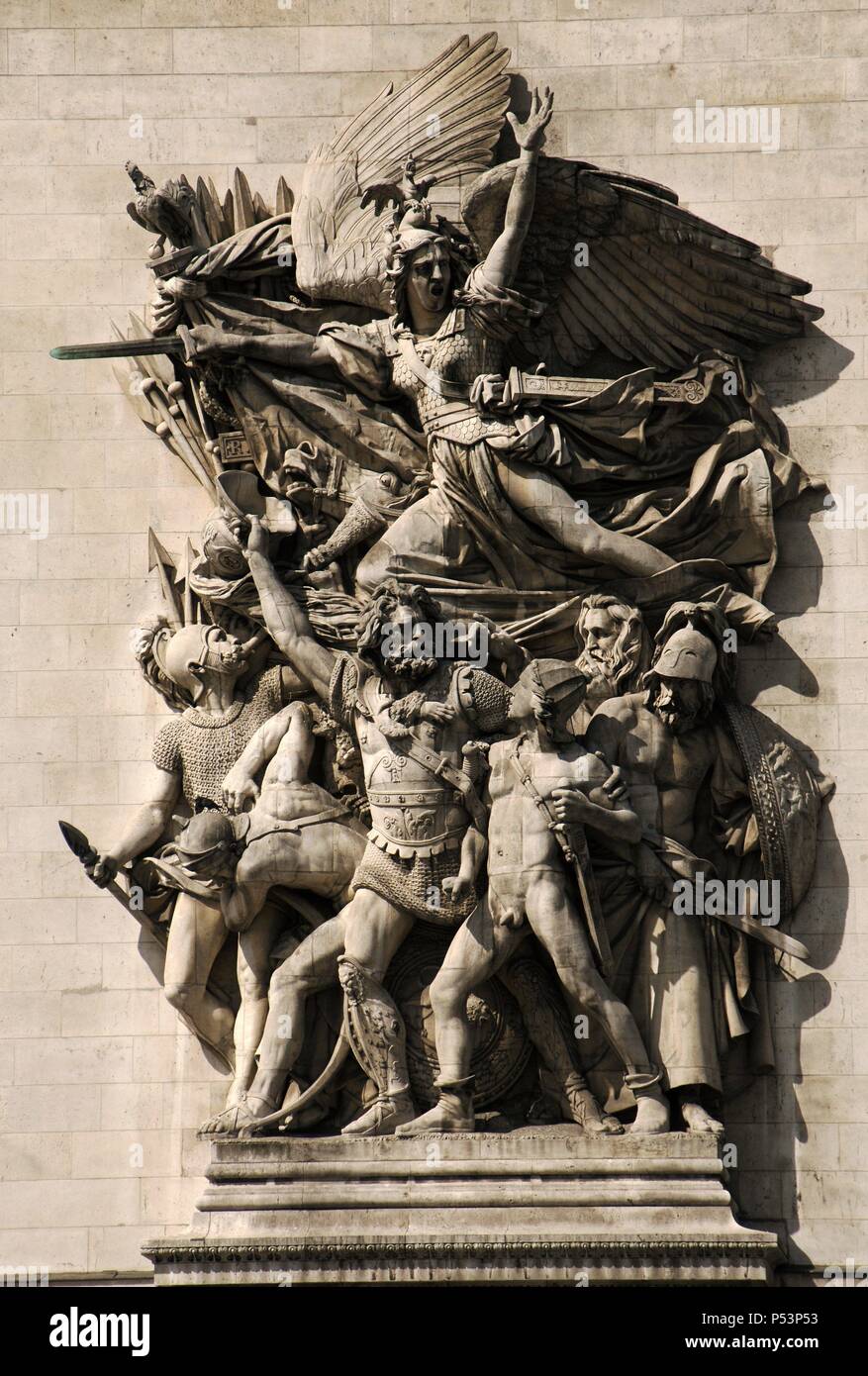 France. Paris. Triumphal Arch. Depart of 1792. La Marseillaise personified on the Arc de Triomphe. by Francois Rude. The sculptural group celebrates the cause of the French First Republic during the 10 August uprising. Above the volunteers is the winged personification of LIberty. Stock Photo