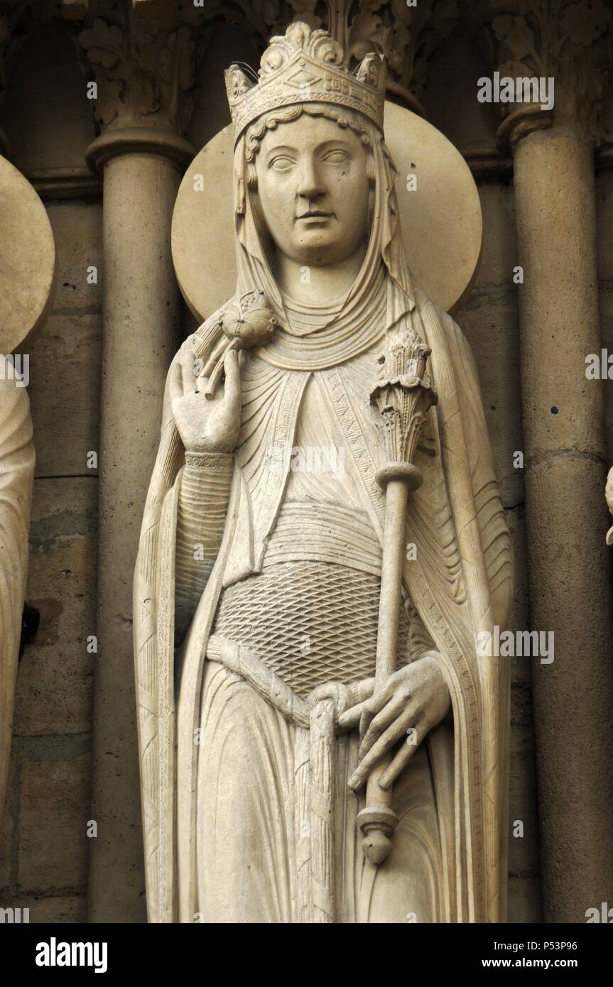 Gothic Art. France. Notre Dame. The Queen of Sheba. Portal of St. Anne. 13th century. Paris. Stock Photo