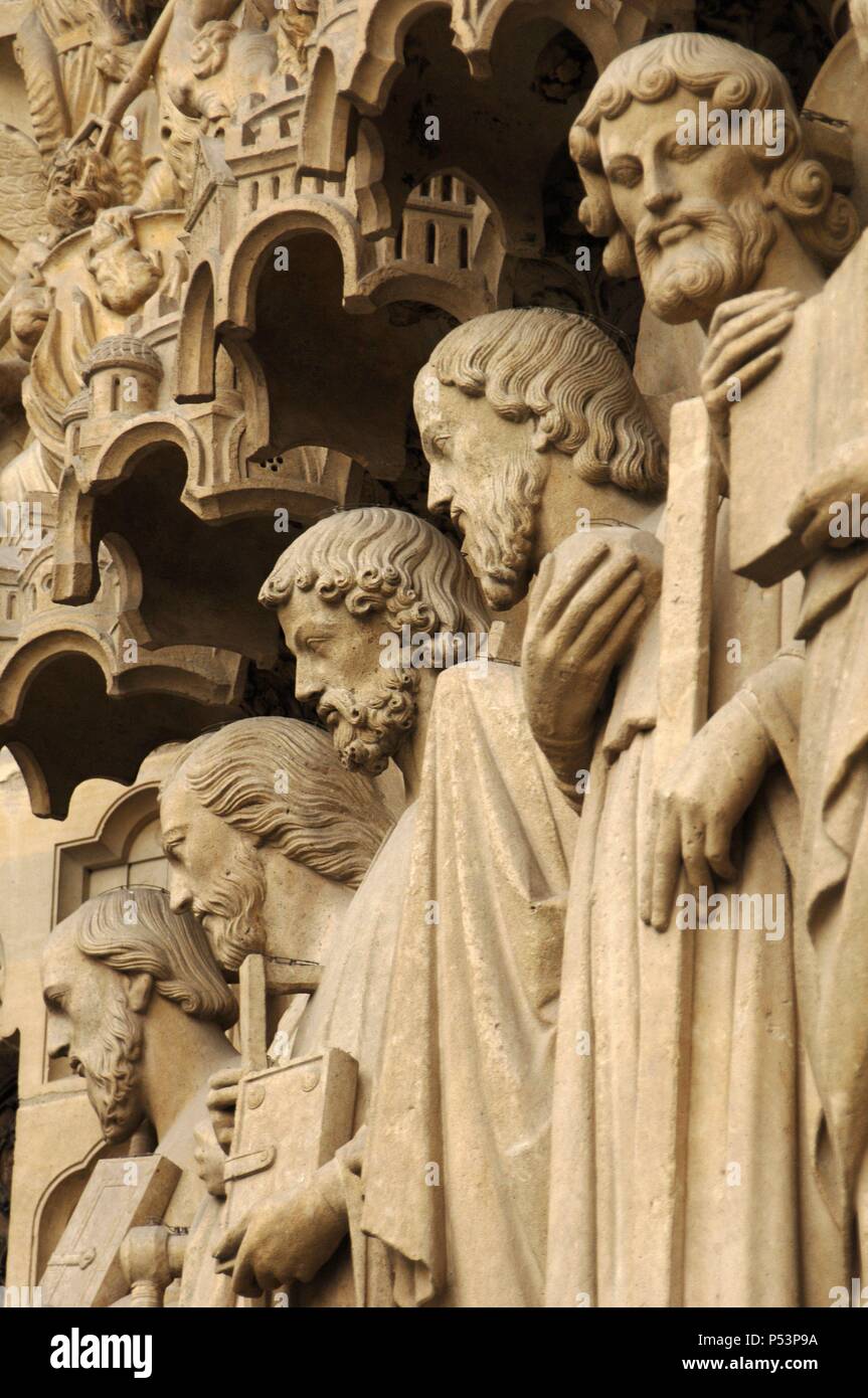 Gothic Art. France. Paris. Notre Dame. Last Judgment Portal (c.1230). Apostles. From left to right: Paul, James the Great, Thomas, Philip and Jude. Stock Photo
