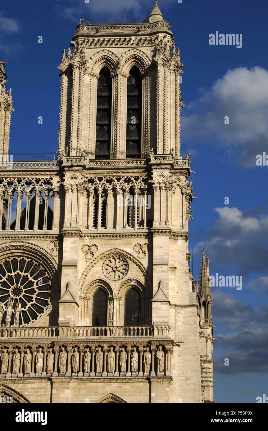 France. Paris. Notre Dame Cathedral. 12th - 14th centuries. West front. Tower. Stock Photo