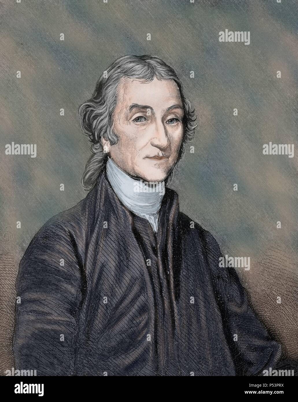 Joseph Priestley (1733-1804). English theologian, philosopher and chemist. Colored engraving. 19th century. Stock Photo