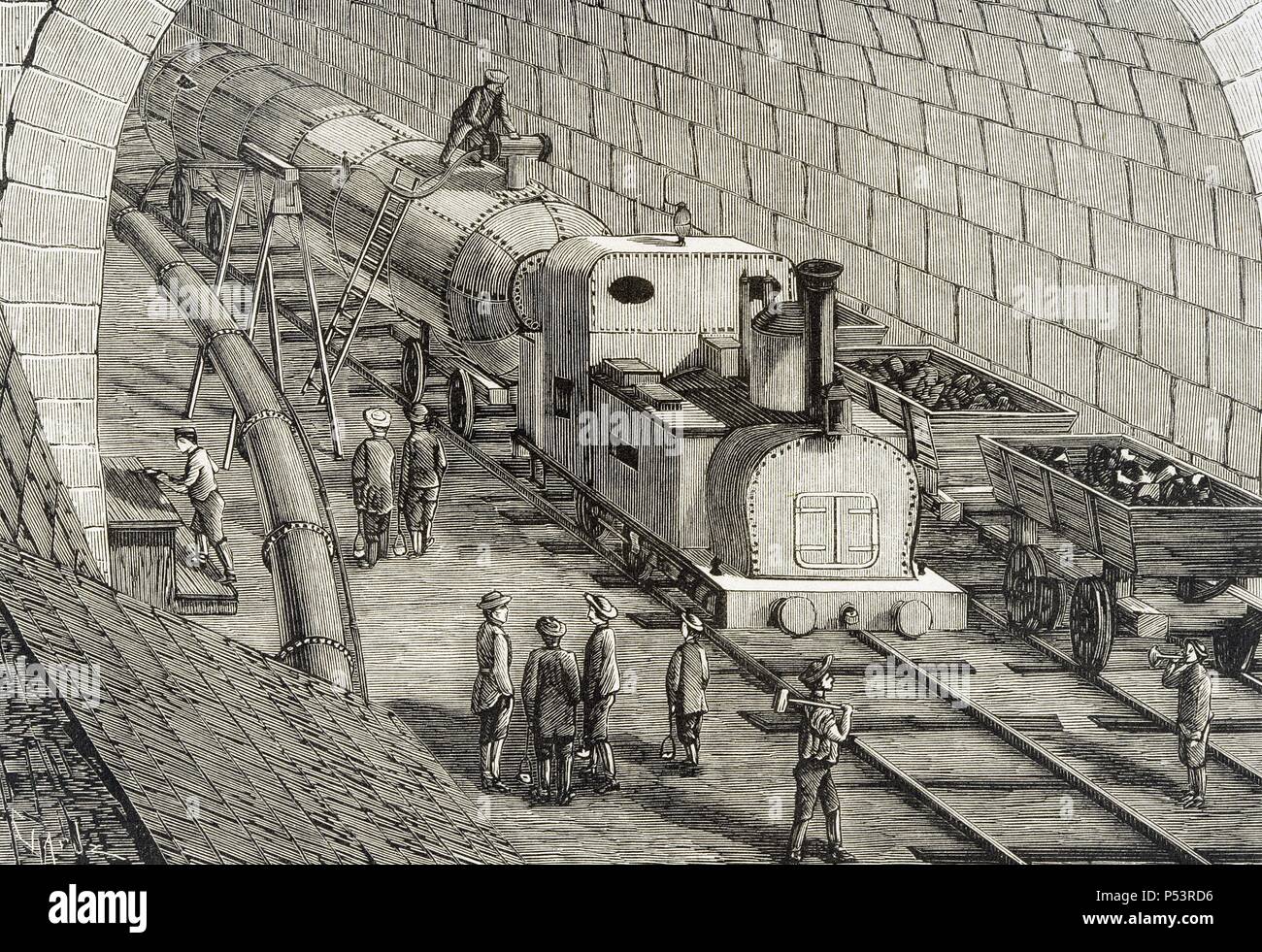 Switzerland. 19th century. Locomotive driven by compressed air used for the drilling of Saint-Gothard. Engraving of "The Spanish and American Illustration," 1875. Stock Photo