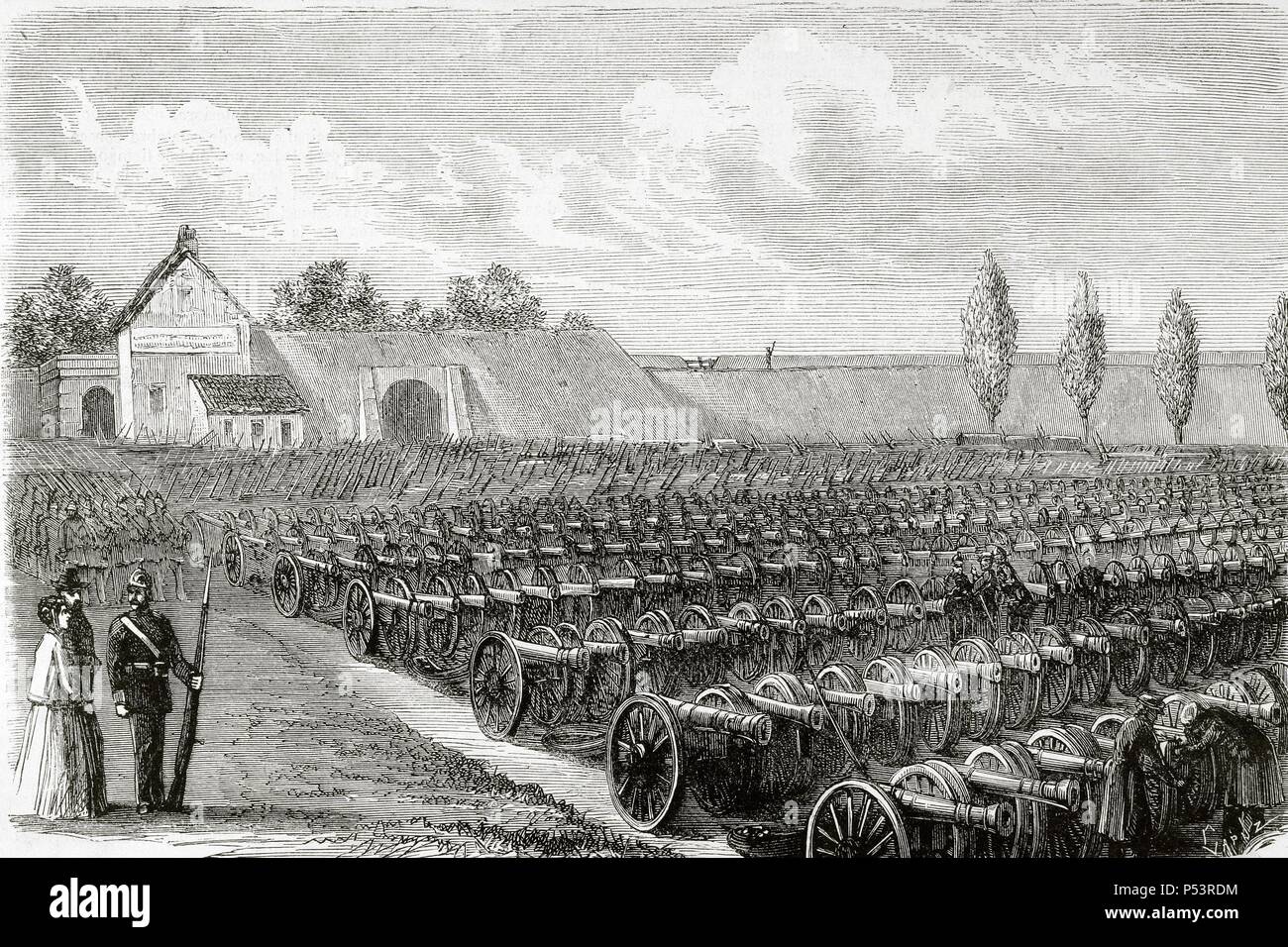 Franco-Prussian War (1870-1871). Cannons taken in Sedan. The Spanish Illustration, 1871. Engraving by Capuz. Stock Photo