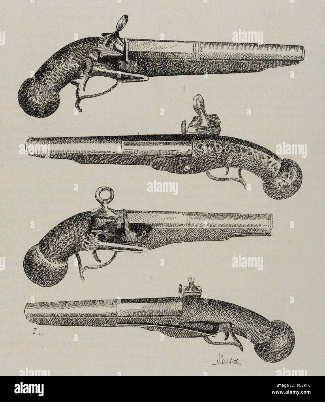 Ancient weapons. 18th century. From top to bottom: Catalan pistol, Arab pistol, Catalan pistol and French pistol. Engraving of The Illustration, 1890. Stock Photo