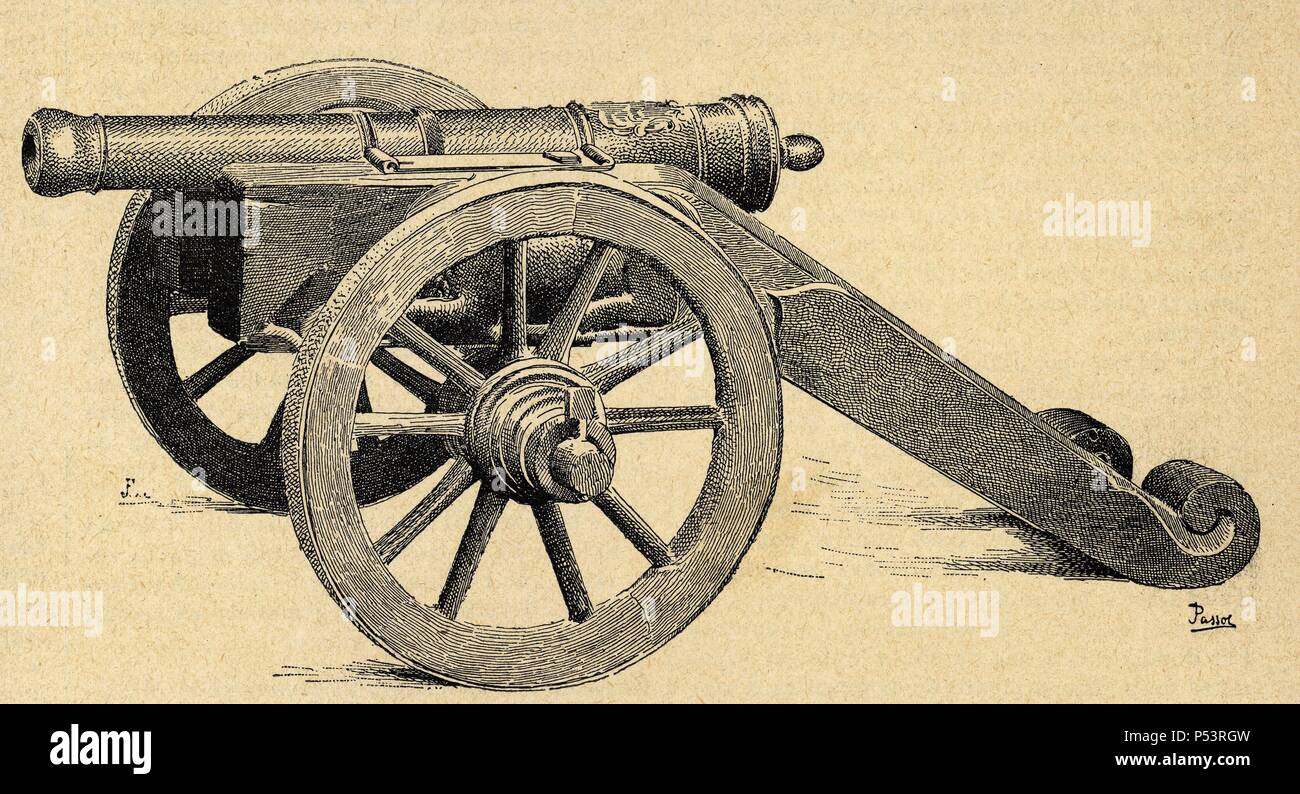 Cast-iron cannon from the 18th century. Engraving Stock Photo - Alamy