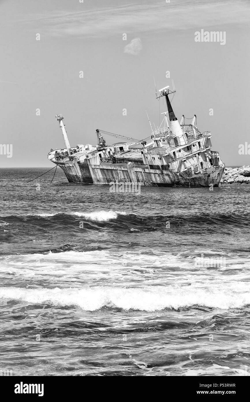 in cyprus the abandonated boat near the coastline like concept od disaster and problem Stock Photo