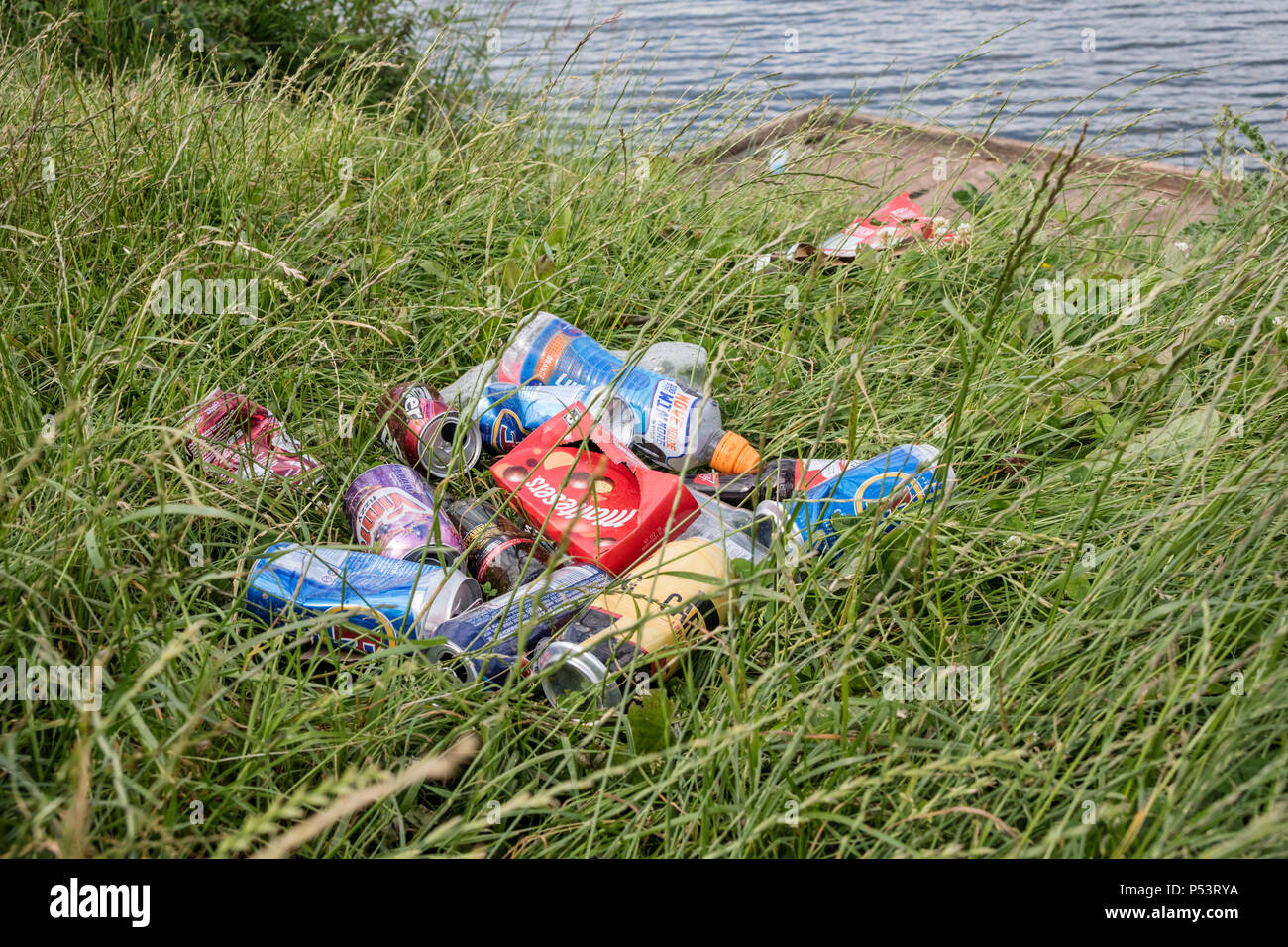 Litter left by a lake in the English countryside, England, UK Stock Photo