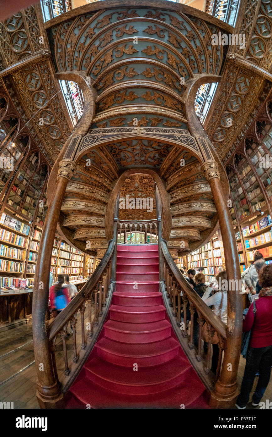 famous Lello Bookshop, interieur, stairs,  Porto Portugal Stock Photo