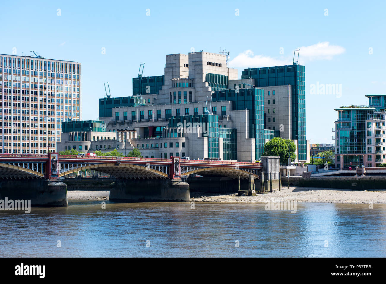 LONDON, UK - 18JUN2018: The SIS Building at Albert Embankment, Vauxhall is the headquarters of MI6. Viewed from Vauxhall Bridge. Stock Photo