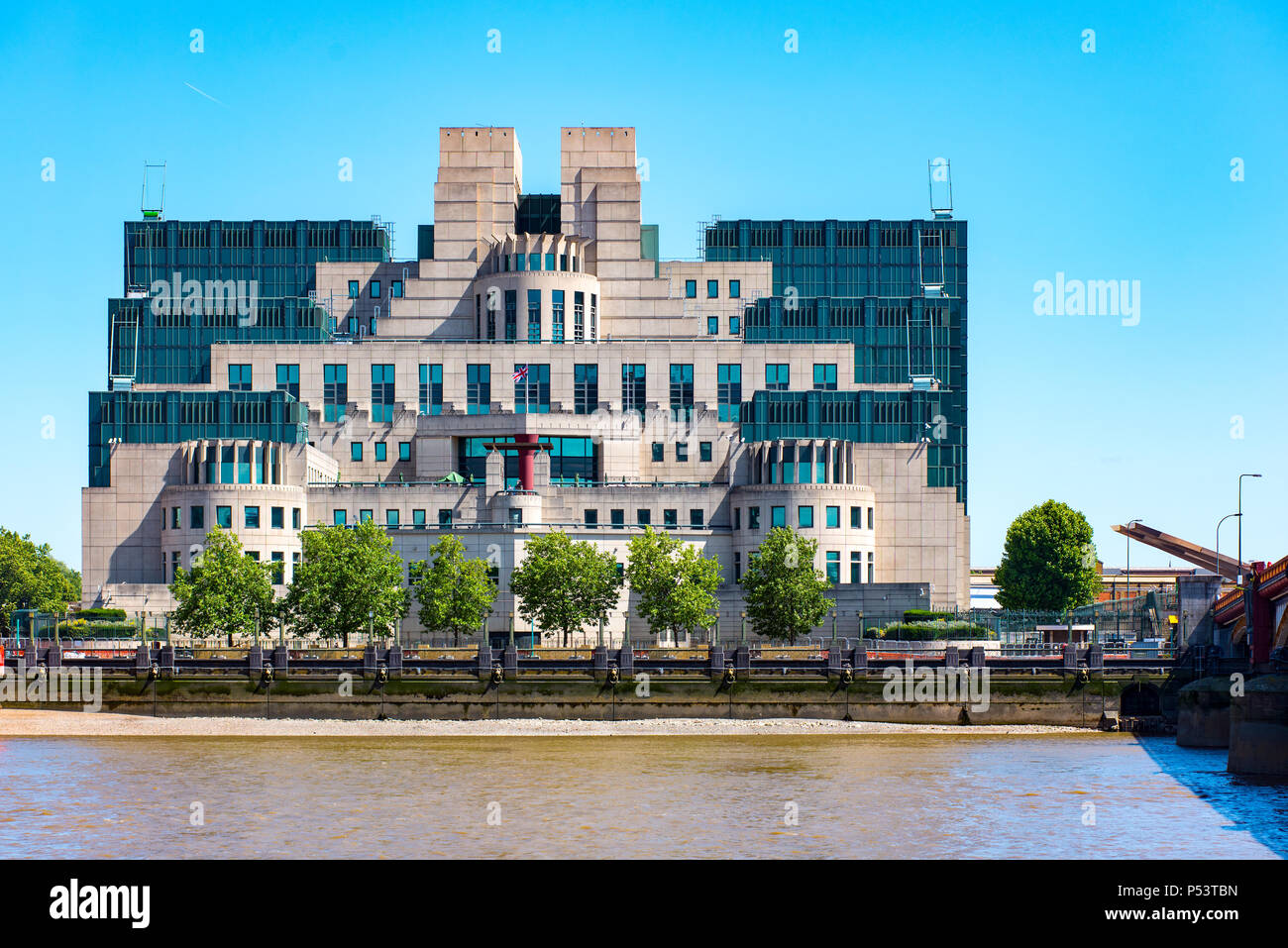 LONDON, UK - 18JUN2018: HM The SIS Building at Albert Embankment, Vauxhall is the headquarters of MI6. Seen across the river from Millbank. Stock Photo