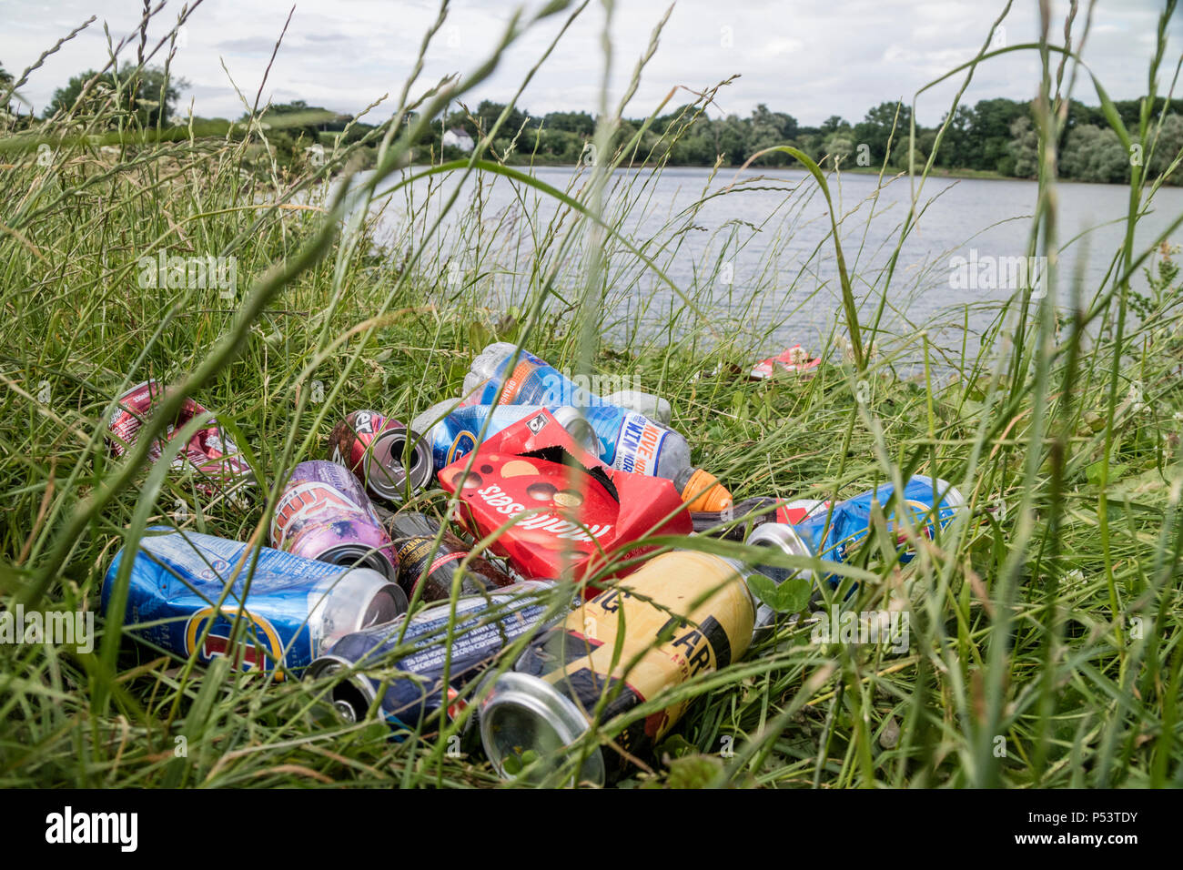 Litter left by a lake in the English countryside, England, UK Stock Photo