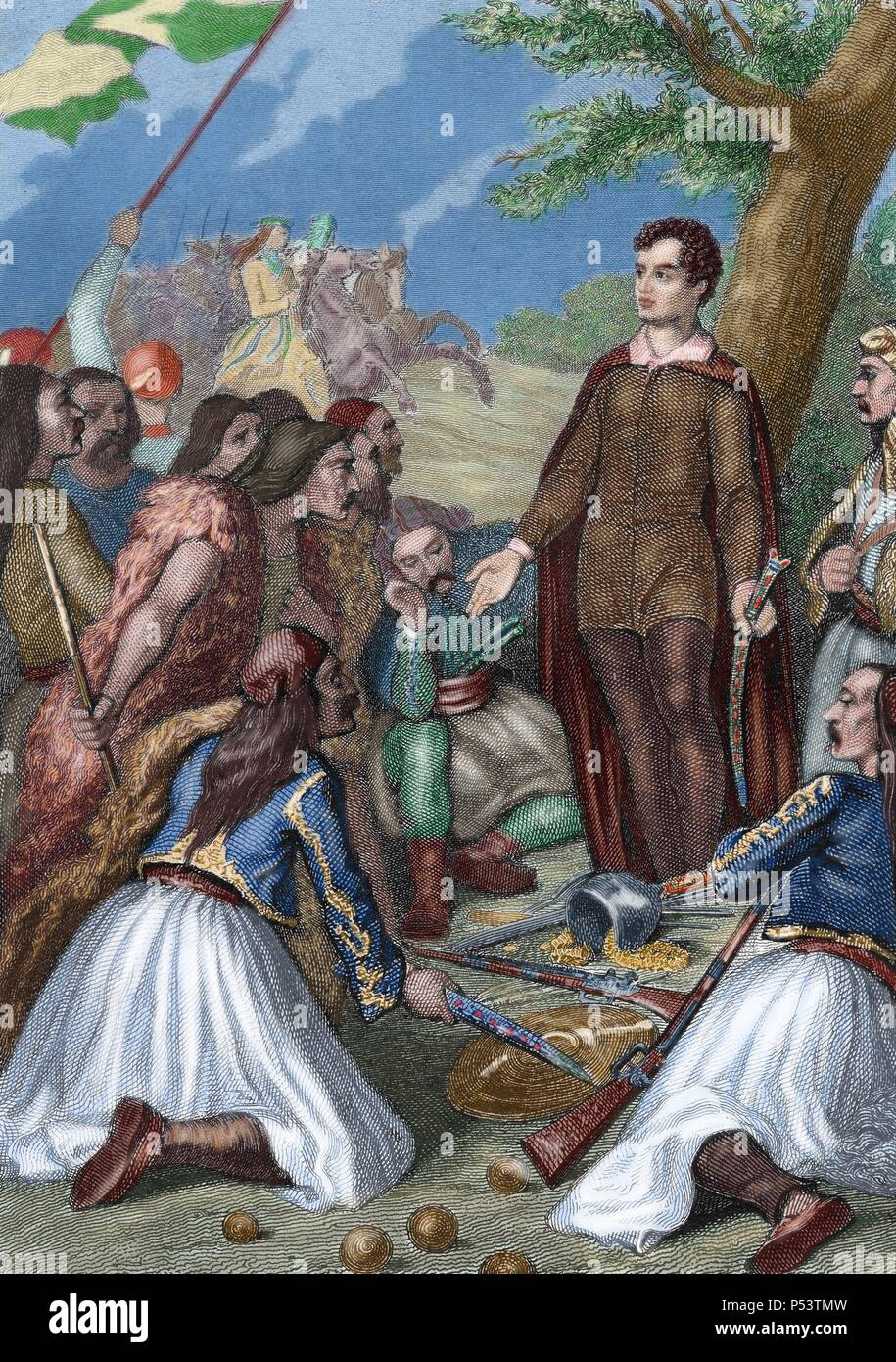 Lord Byron (1788-1824). English Romantic poet. Childe Harold's pilgrimade. Narrative poem published between 1812-1818. Colored engraving of an edition of 1850. Stock Photo