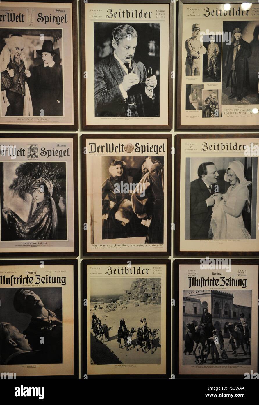 German newspapers during the Weimar Republic. Issues 1929, 1930, 1932. 'Berliner Zeitung Illustrirte', 'Der Spiegel Welf,' and 'Beitbilder'. Jewish Museum Berlin. Germany. Stock Photo