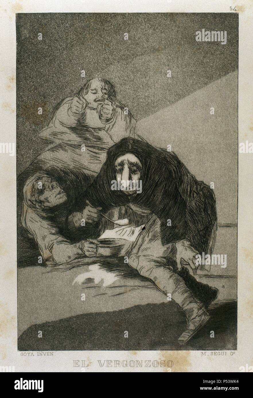 Francisco de Goya (1746-1828). Spanish painter and printmaker. Los Caprichos. El Vergonzoso (The Shameful). Number 54. Aquatint. 1799. Reproduction by M. Segui i Riera. Stock Photo