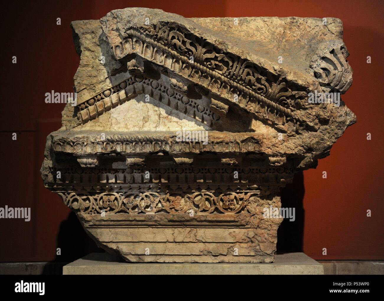 Top part of an aedicula from a wall structure from the Sanctuary of Jupiter Heliopolitanus.  Baalbek, Lebanon. Limestone. 2nd century AD. Pergamon Museum. Berlin. Germnany. Stock Photo