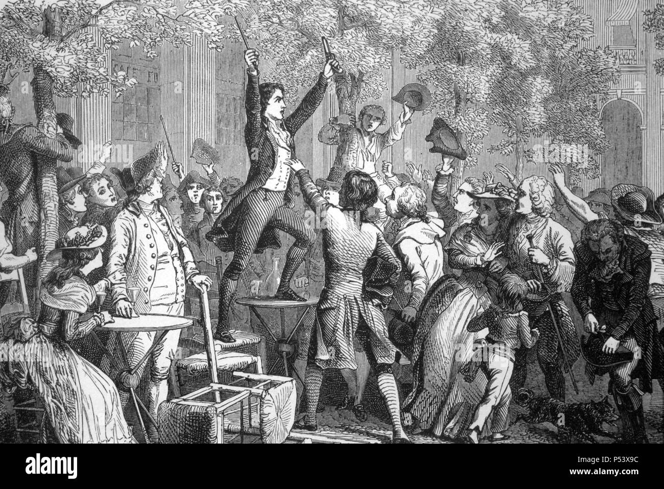 Camille Desmoulins (1760-1794), político francés, ante el Palacio Real incitando al pueblo a rebelarse el 12 de julio de 1789. Stock Photo