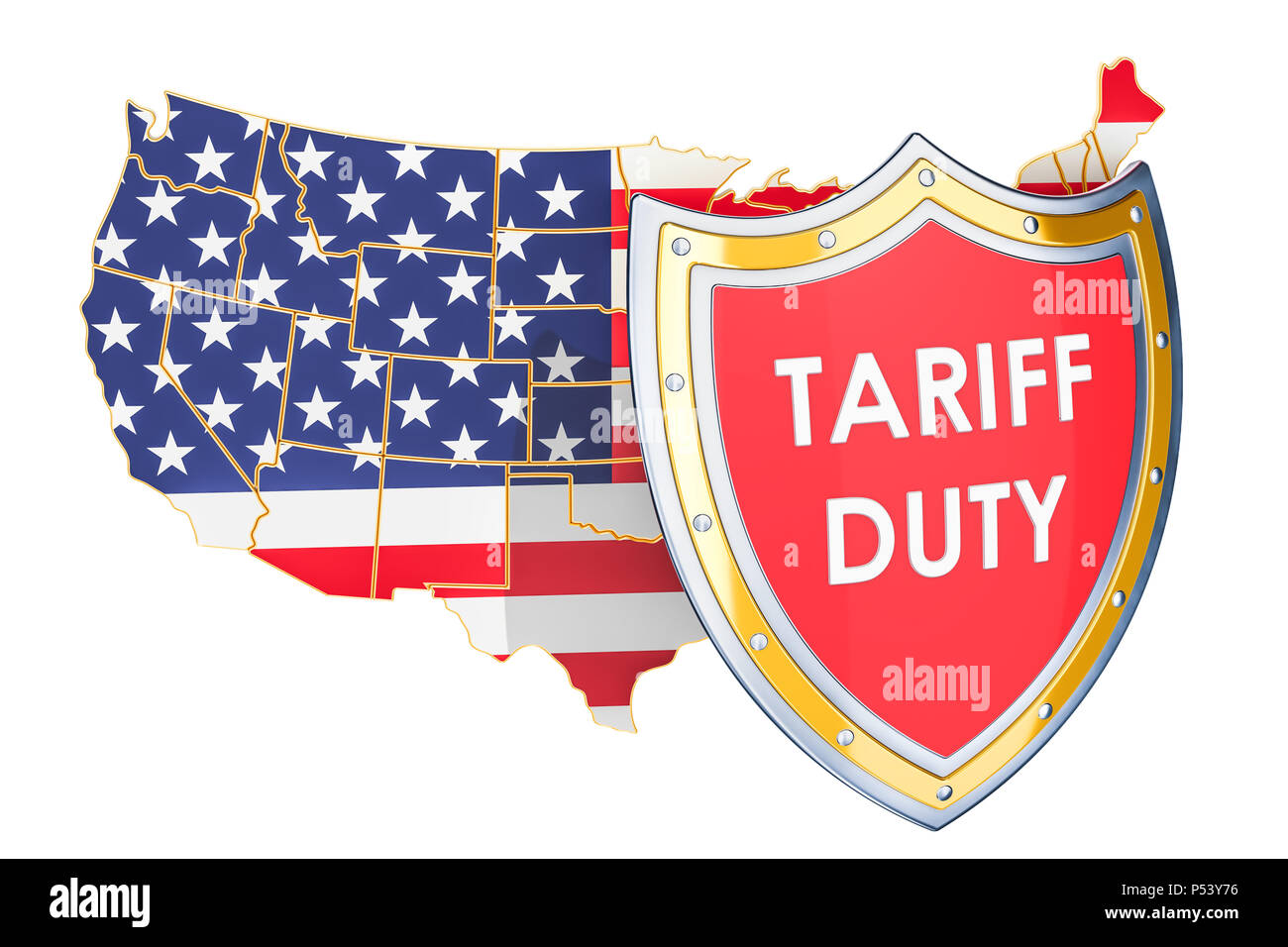 American protective tariffs concept. The USA map with shield, 3D