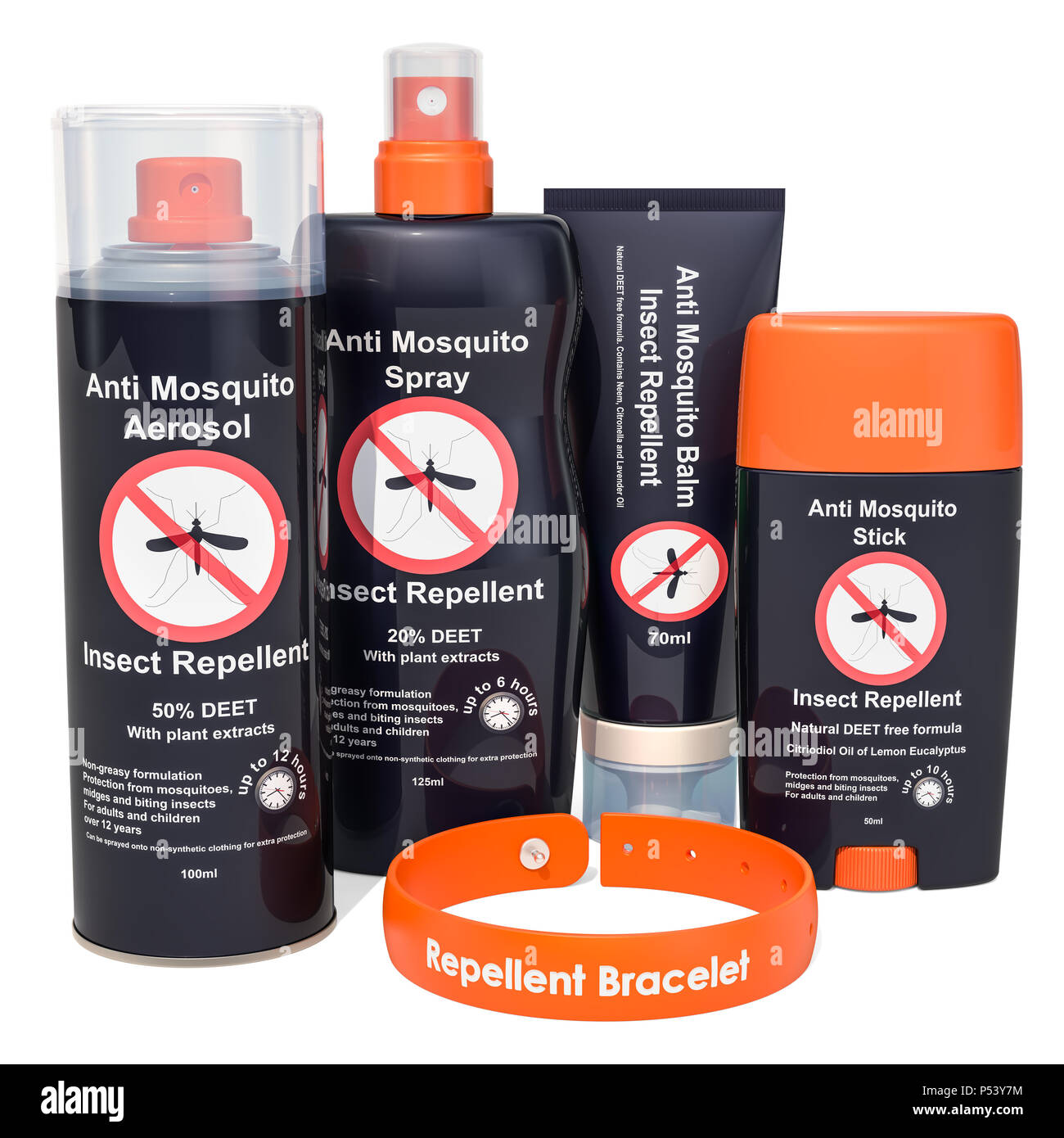 Anti-mosquito, insect repellent products. 3D rendering isolated on white background Stock Photo