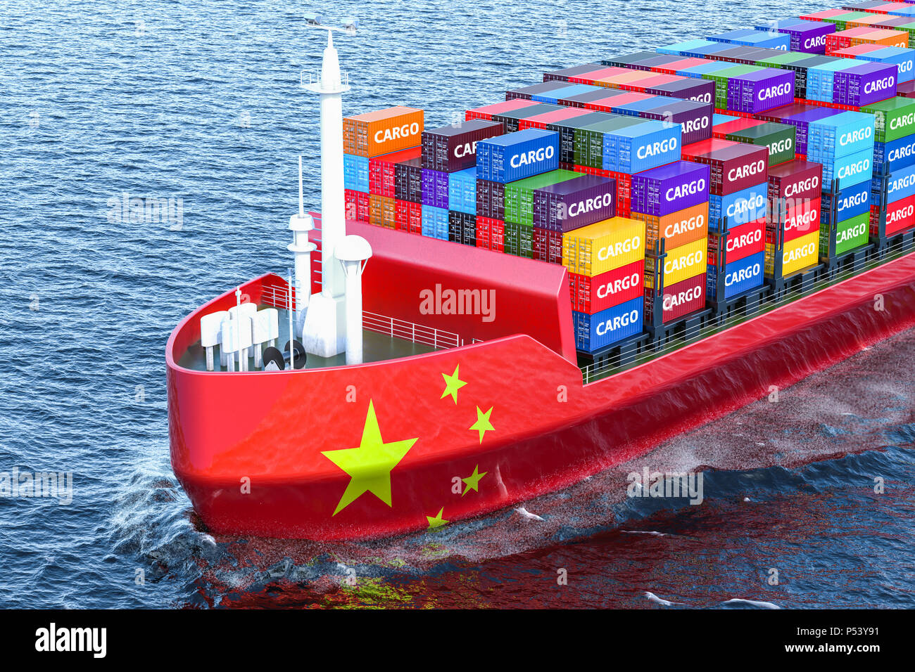 Chinese freighter ship with cargo containers sailing in ocean, 3D
