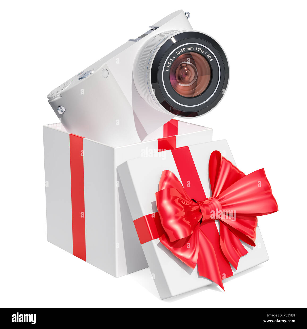 Gift concept, digital camera inside gift box. 3D rendering Stock Photo -  Alamy