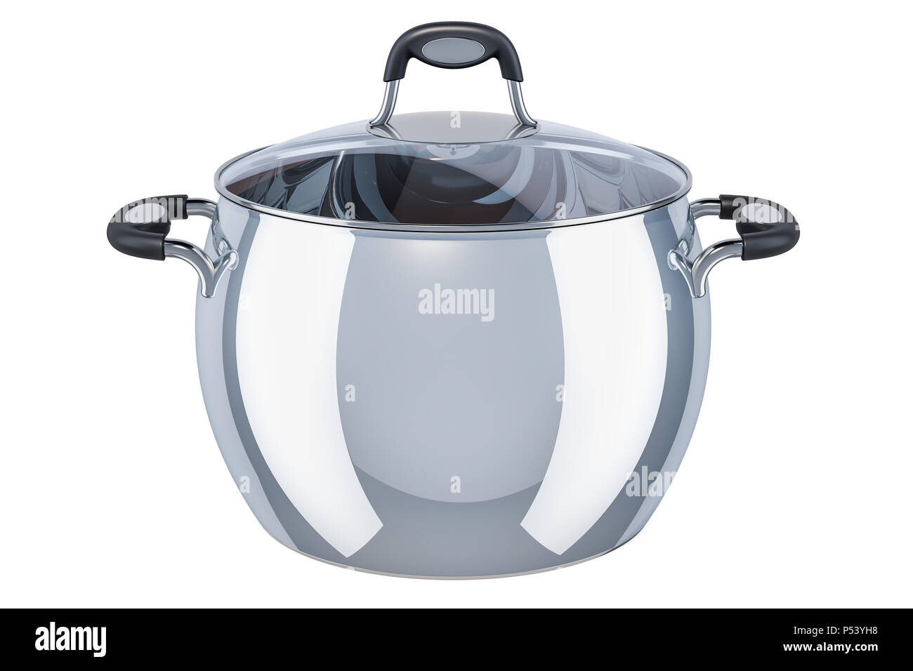 Stainless steel stock pot with glass cover, 3D rendering isolated on ...