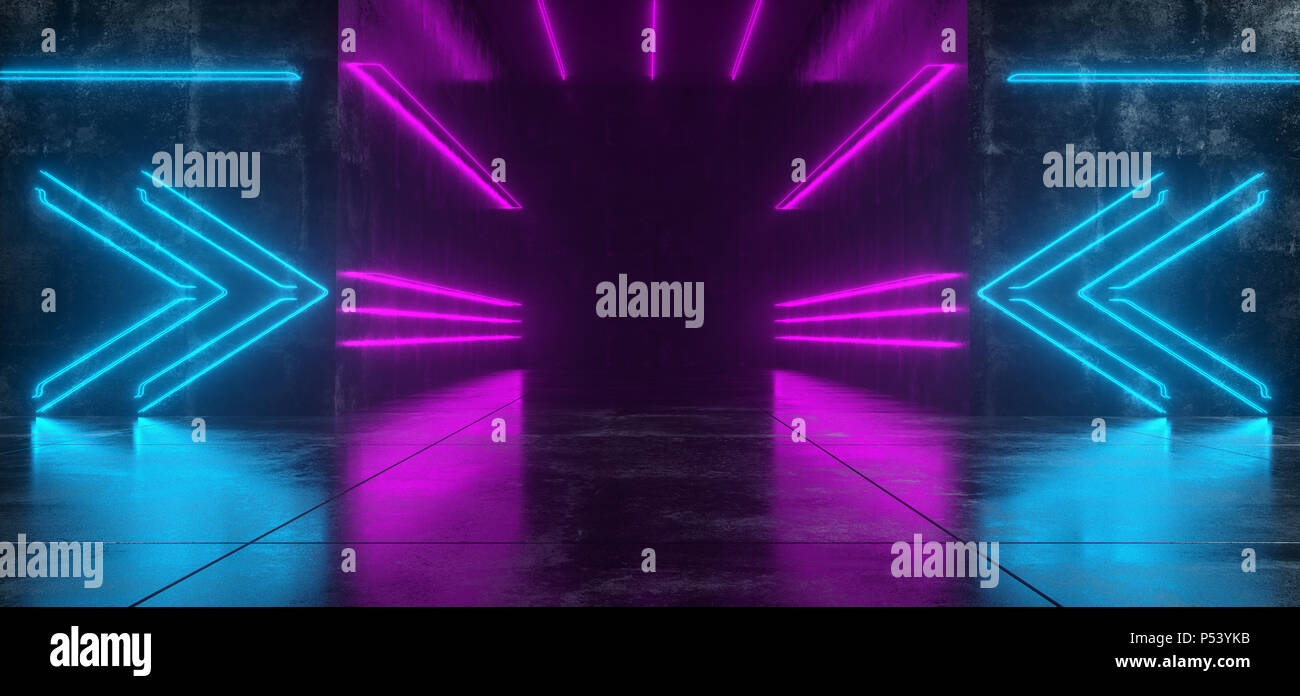 Futuristic Sci FI Reflective Dark Concrete Room And Tunnel With Purple And Blue Neon Lights And Pointing Arrows 3D Rendering Illustration Stock Photo