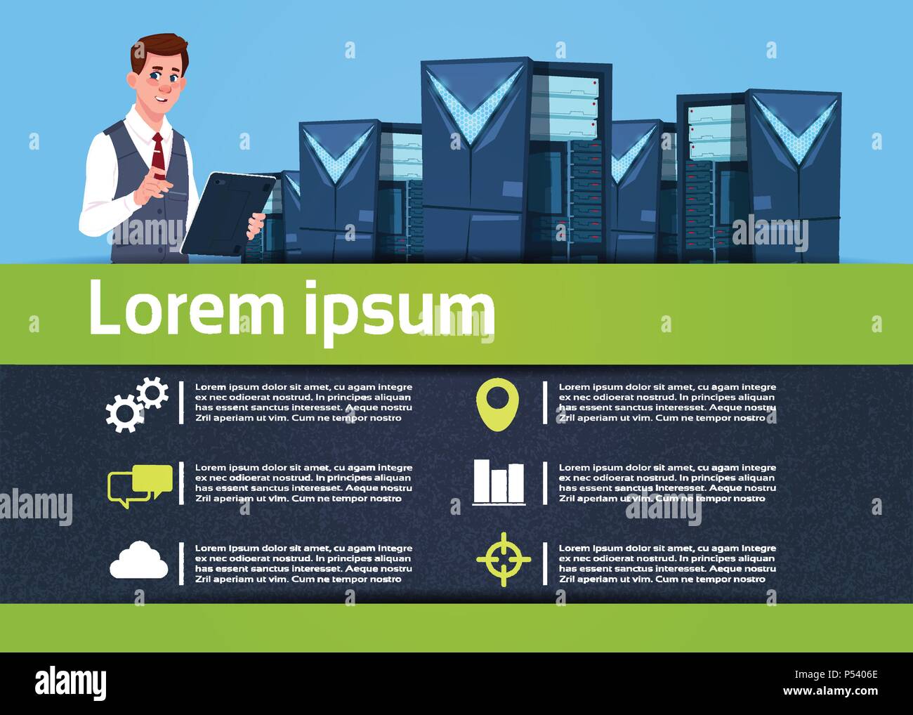 creative businessman hold tablet in hand, data server infographic ...