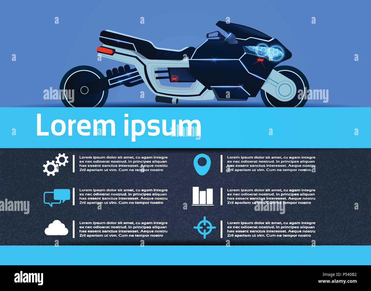 hybrid motorcycle infographic sport electric speed motorbike technical specifications on blue background flat Stock Vector