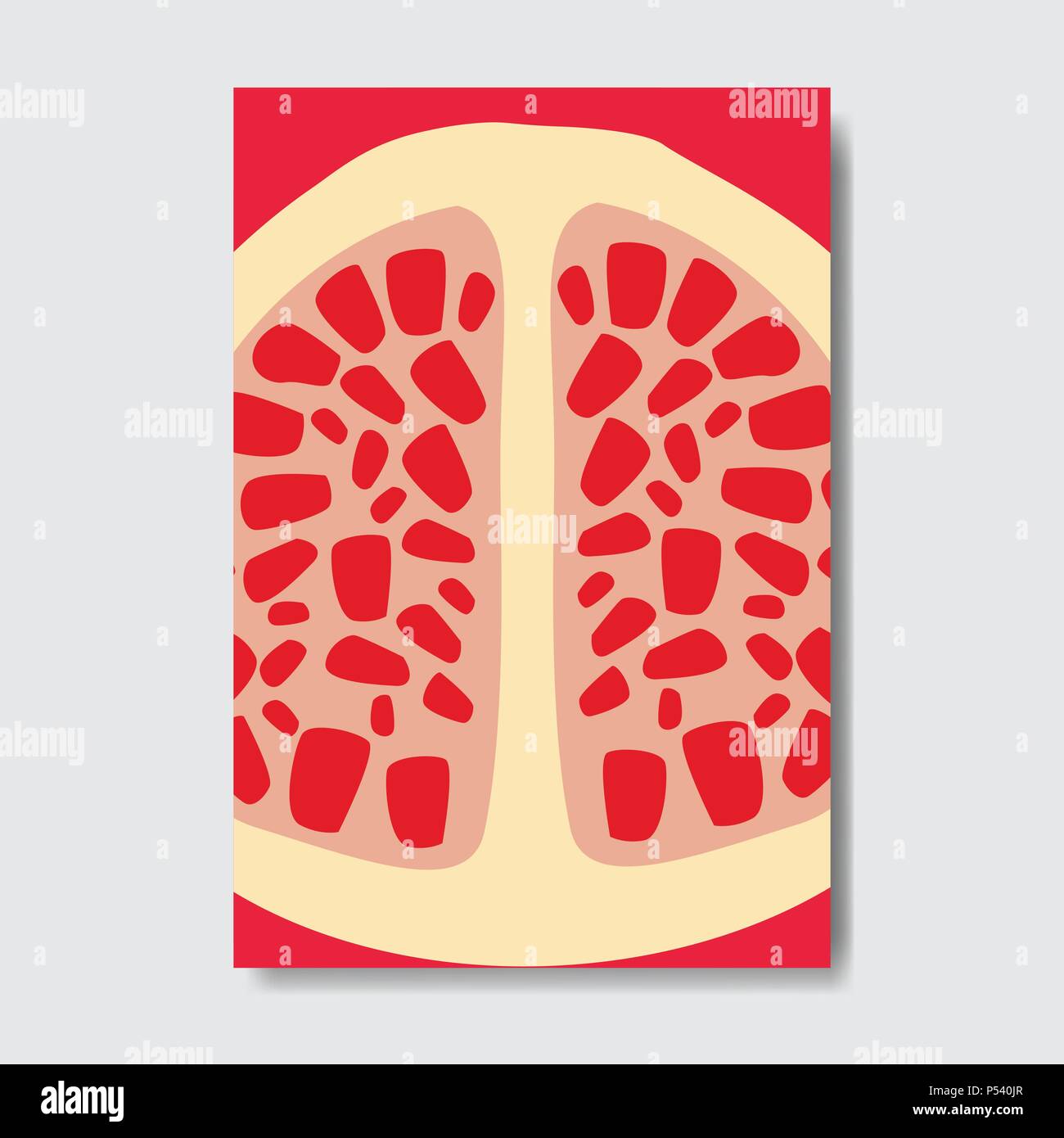 cut garnet template card, slice fresh fruit poster on white background, magazine cover vertical layout brochure poster, flat design, healthy lifestyle or diet concept Stock Vector