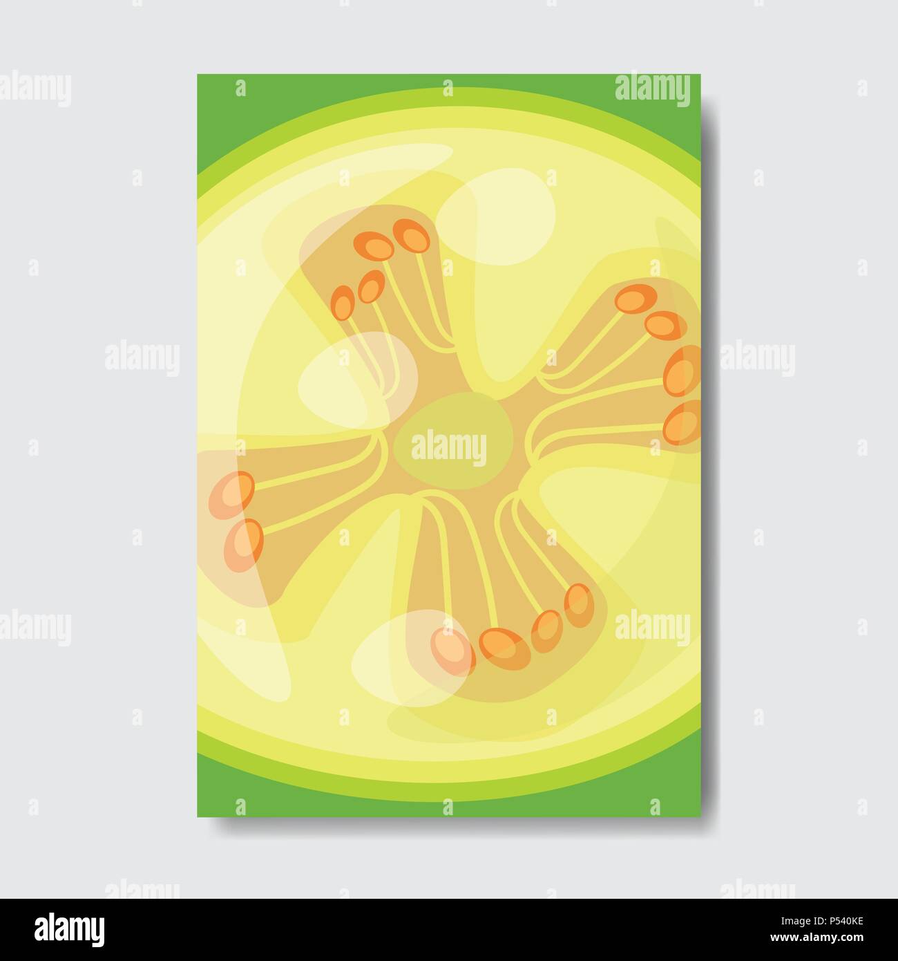 cut feijoa template card, slice fresh fruit poster on white background, magazine cover vertical layout brochure poster, flat design, healthy lifestyle or diet concept Stock Vector