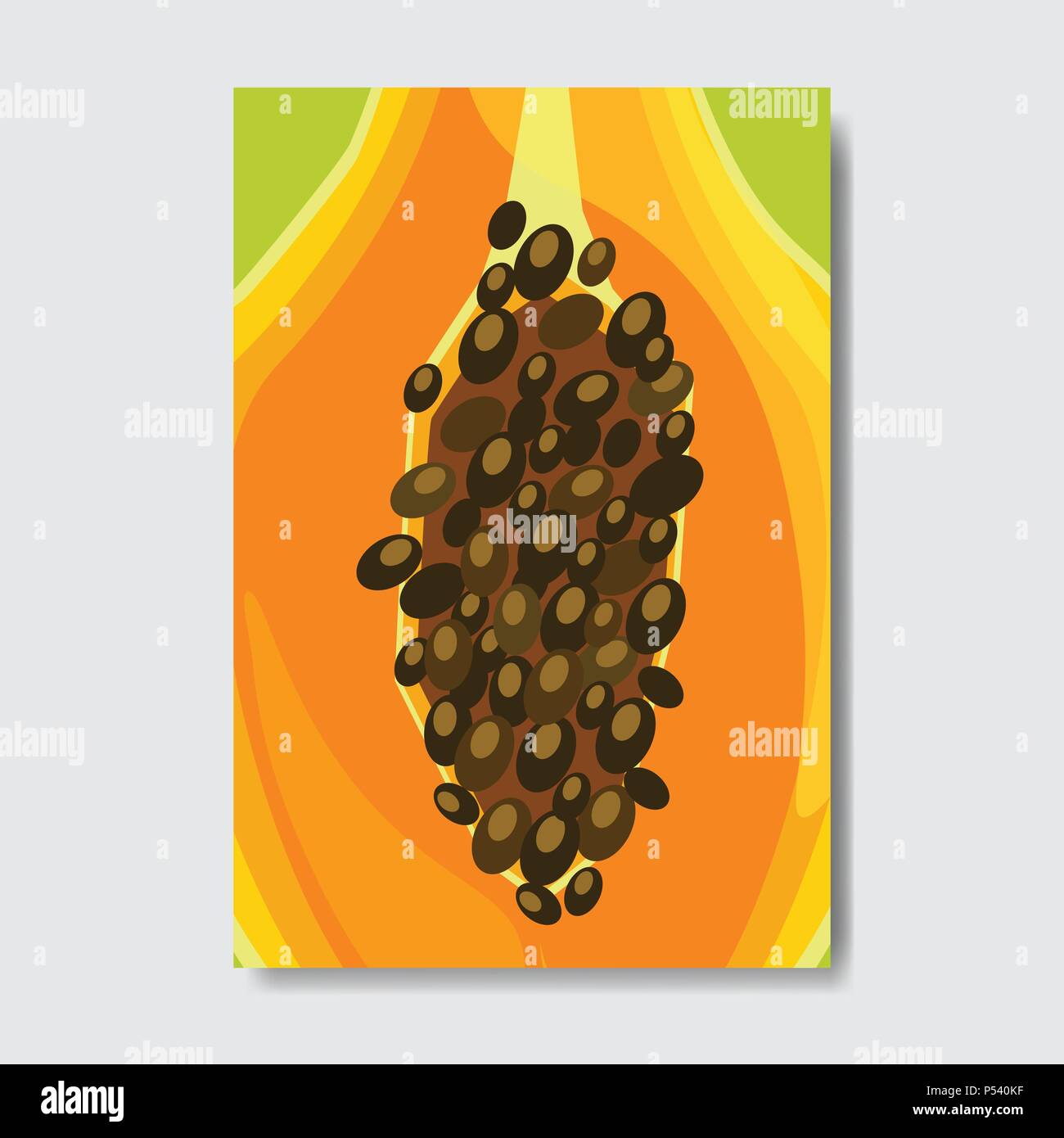 cut papaya template card, slice fresh fruit poster on white background, magazine cover vertical layout brochure poster, flat design, healthy lifestyle or diet concept Stock Vector