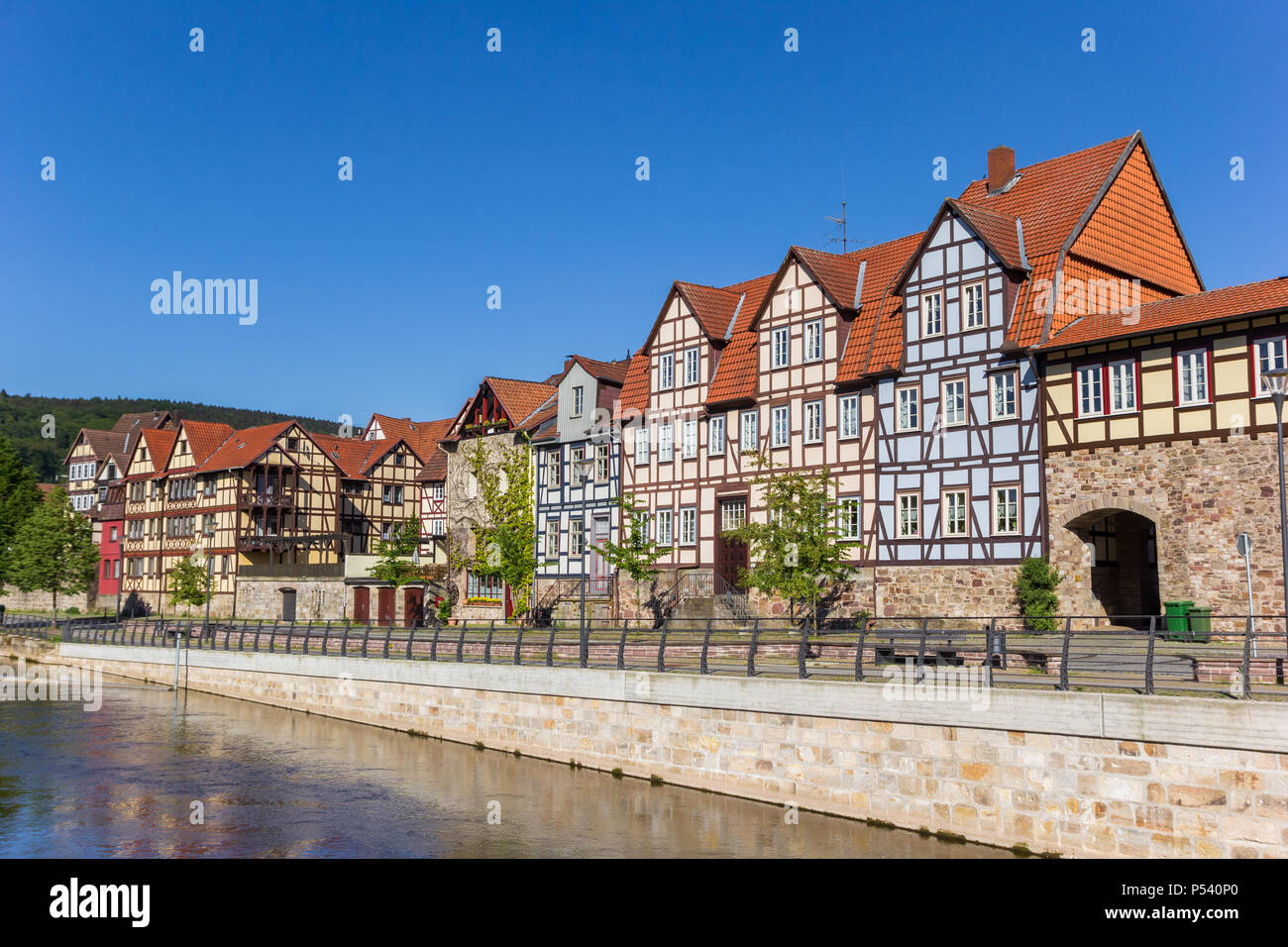 Colorful houses at the Fulda riverside in historic Hannoversch Munden