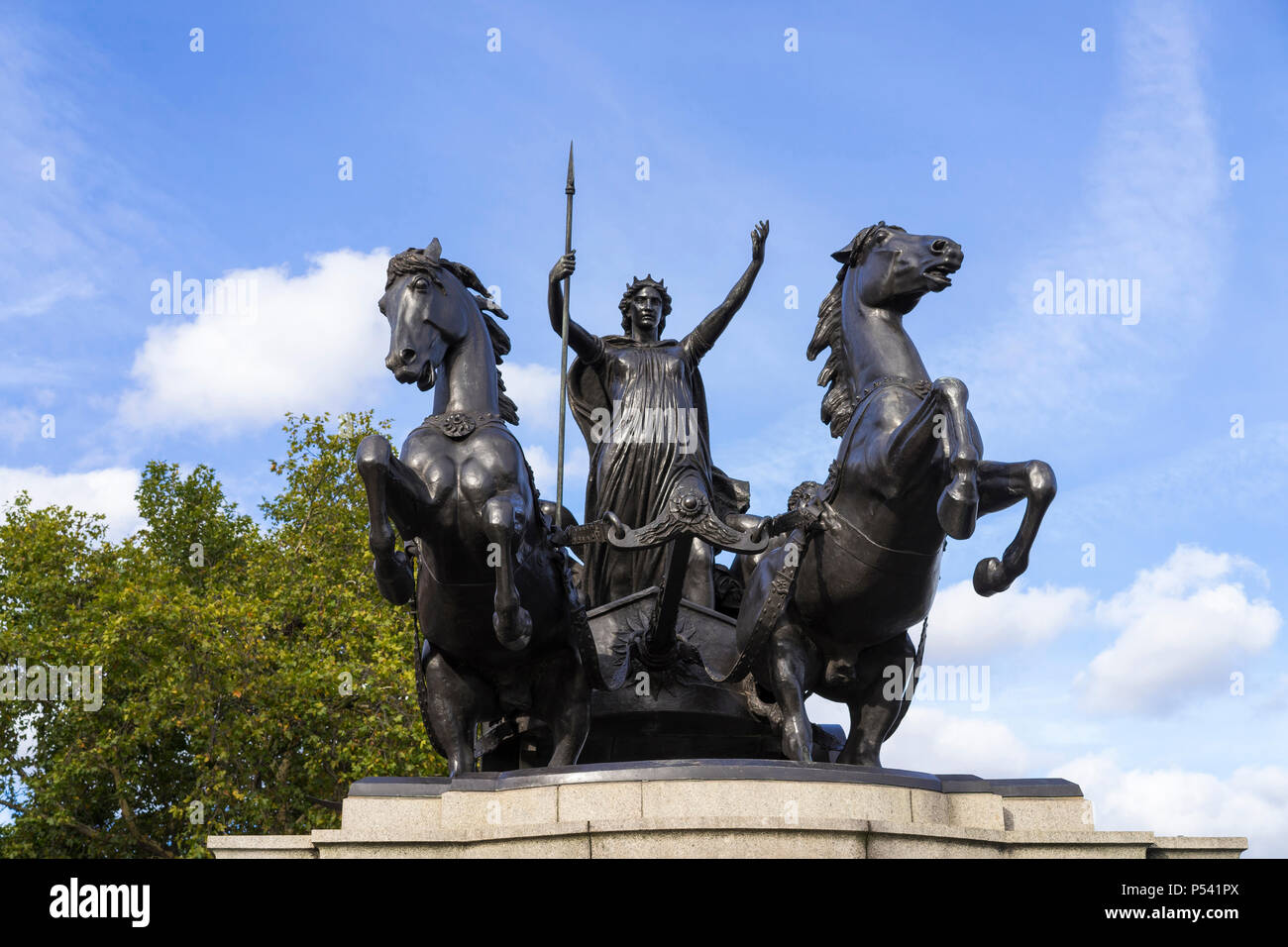London Great Britain, October 12 2017, Statue Boadicea and Her Daughters, Nice autumn day with blue sky Stock Photo