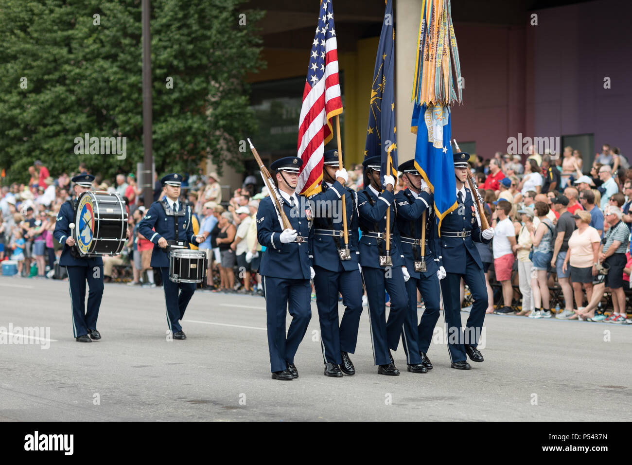 Indianapolis, Indiana, USA - May 26, 2018, Members of the US Air Force  carry the American flag at the Indy 500 Parade Stock Photo - Alamy