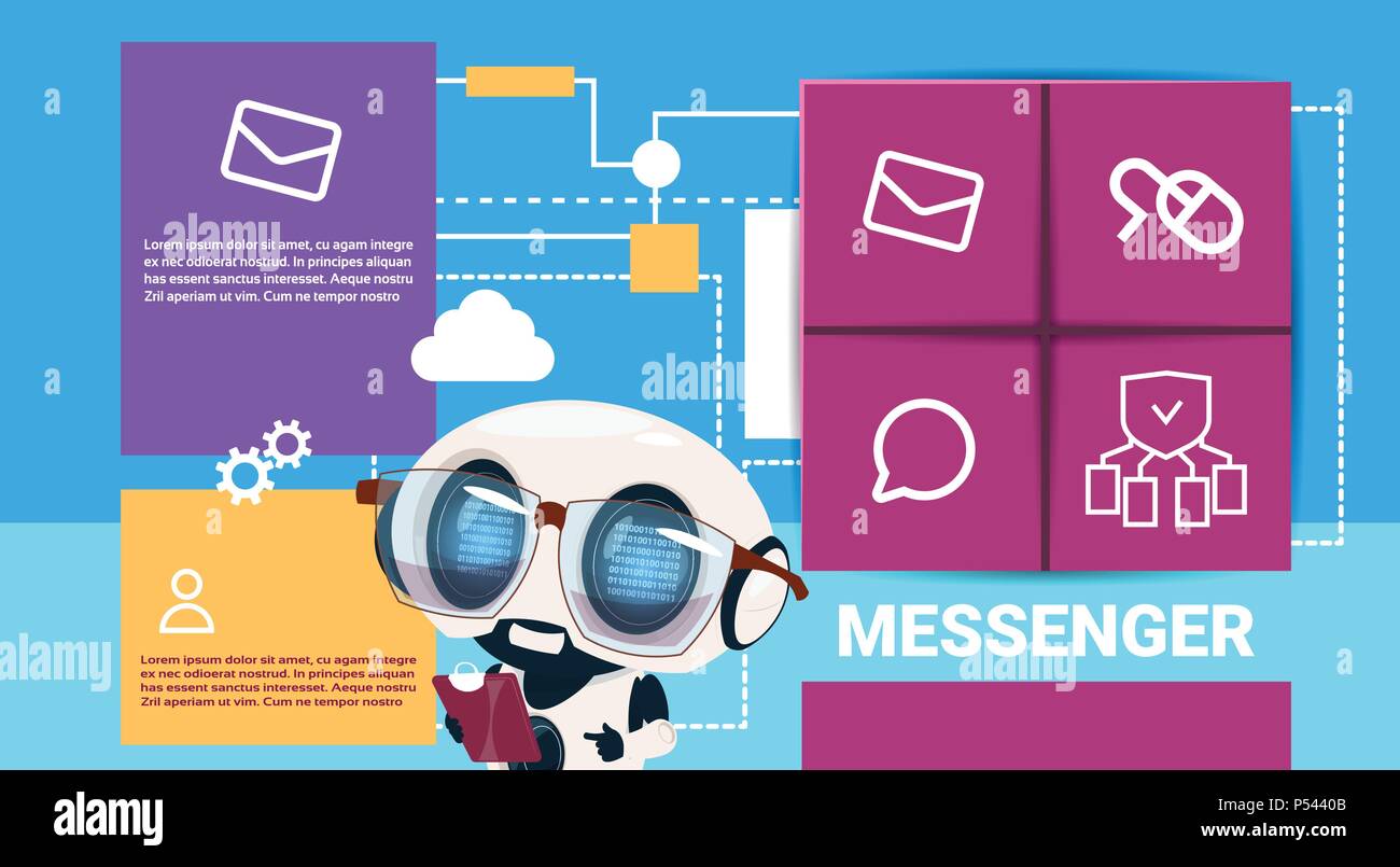 robot with tablet messenger application presentation interface artificial intelligence concept flat copy space Stock Vector