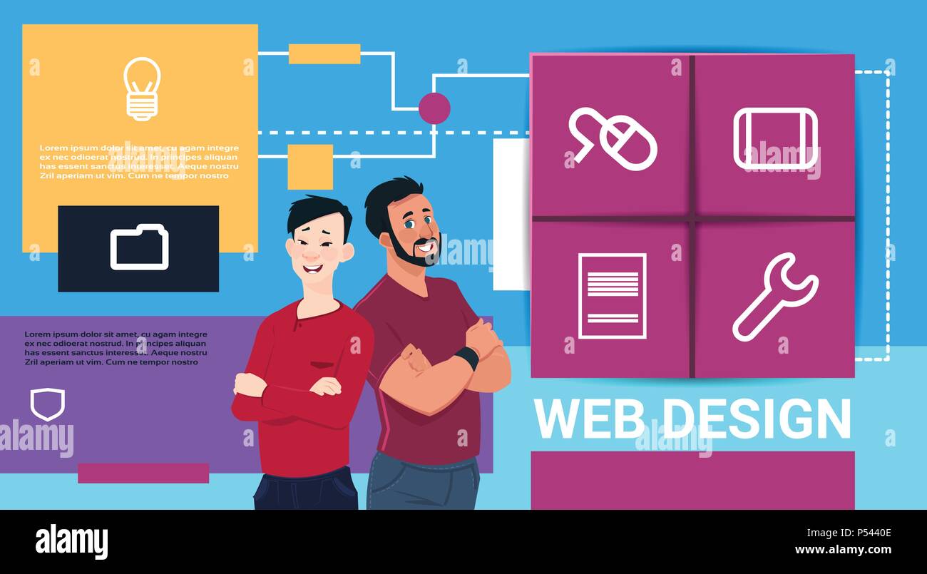 web design technology presentation two man mix race over interface icon website ideas information concept copy space banner flat Stock Vector