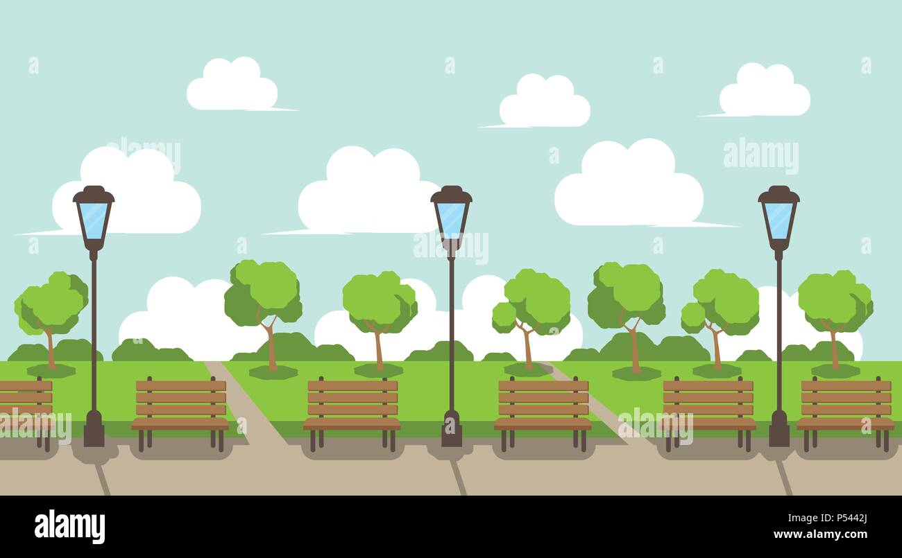 city park wooden bench street lamp green lawn trees template background flat Stock Vector