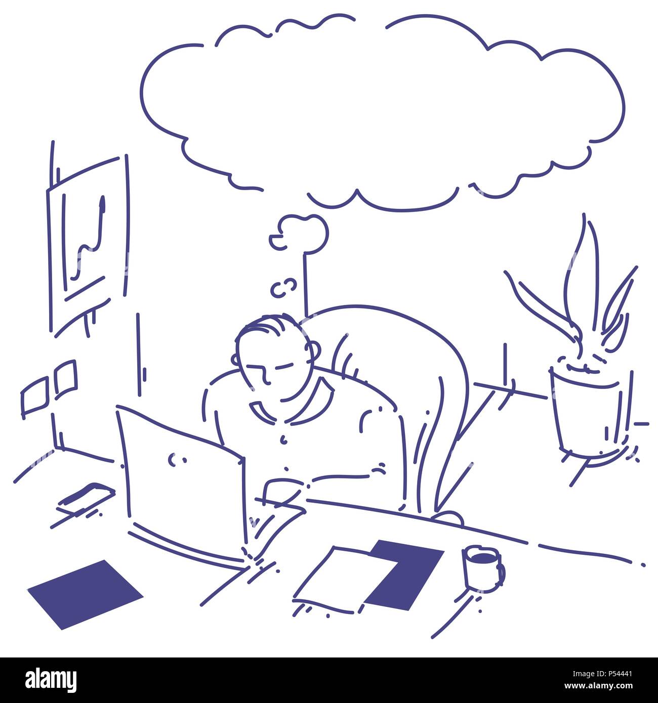 businessman sit at office desk bubble hard working process concept