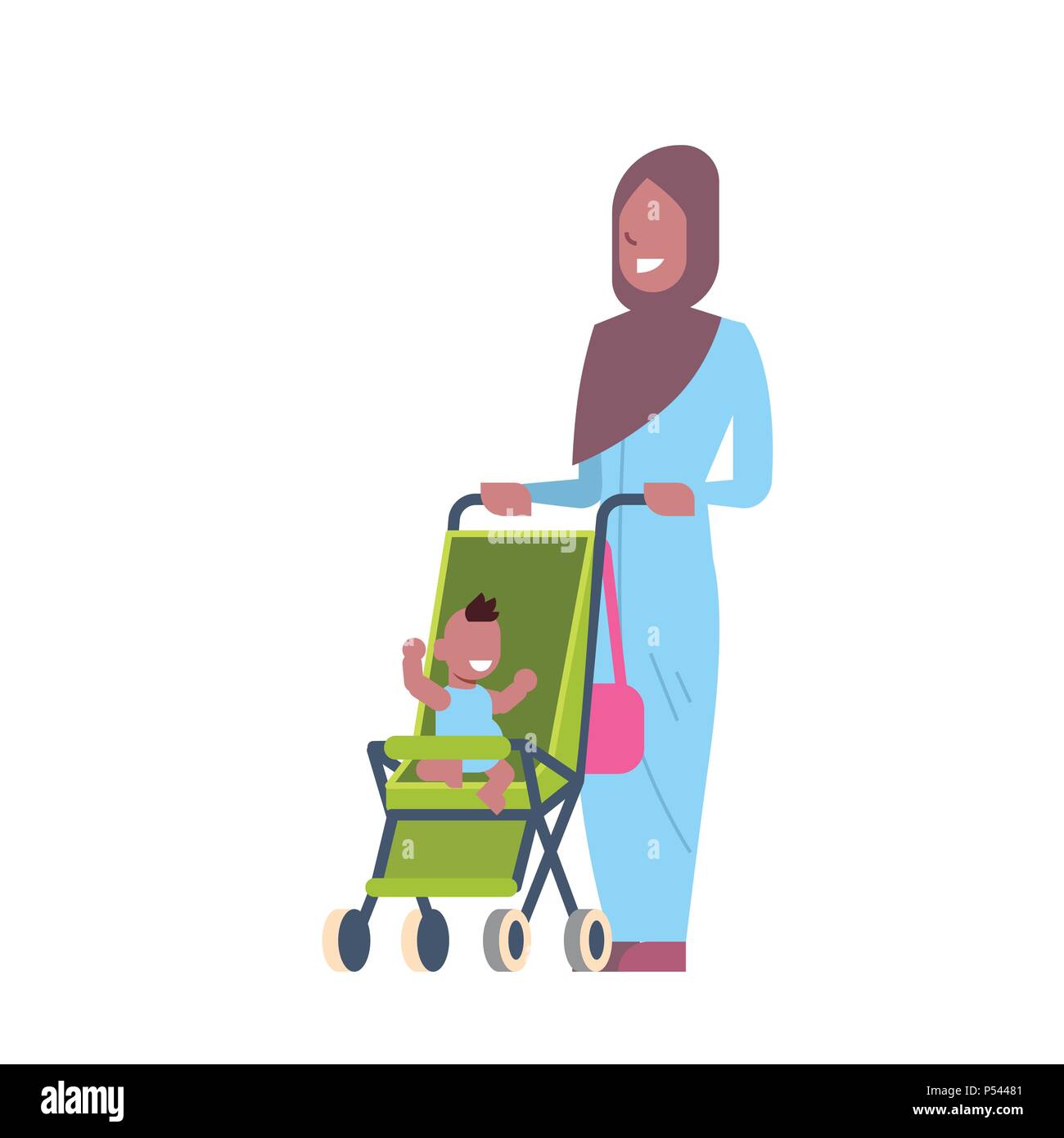 arabic mother baby son in stroller full length avatar on white background, successful family concept, flat cartoon Stock Vector