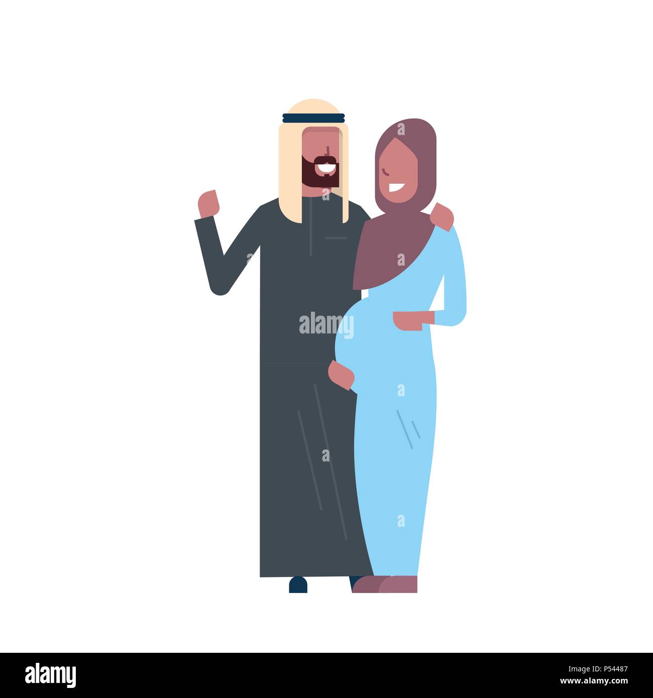 arab pregnant smiling wife happy husband full length avatar on white background, successful family concept, flat cartoon Stock Vector