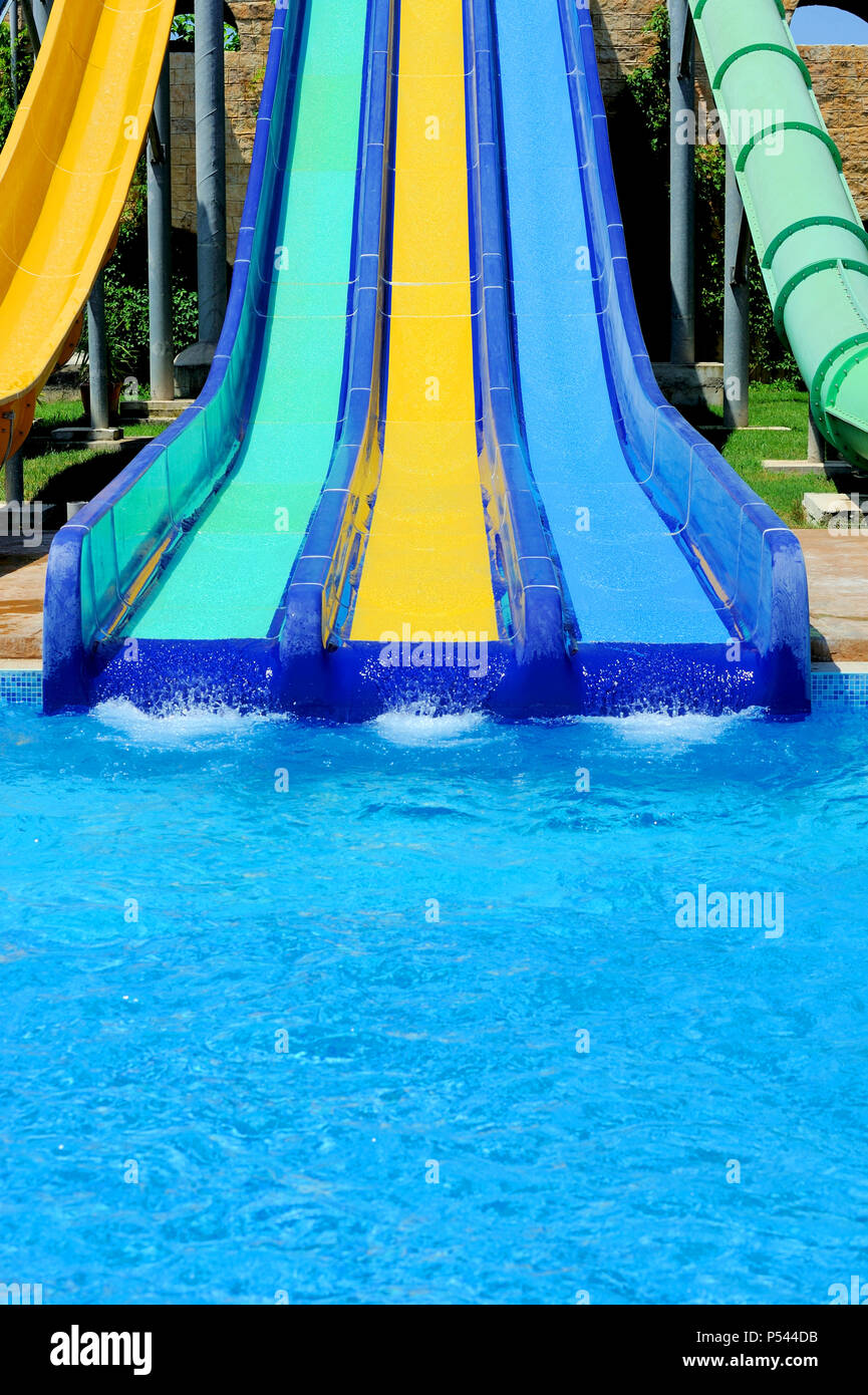 Colorful water slides at the water park Stock Photo