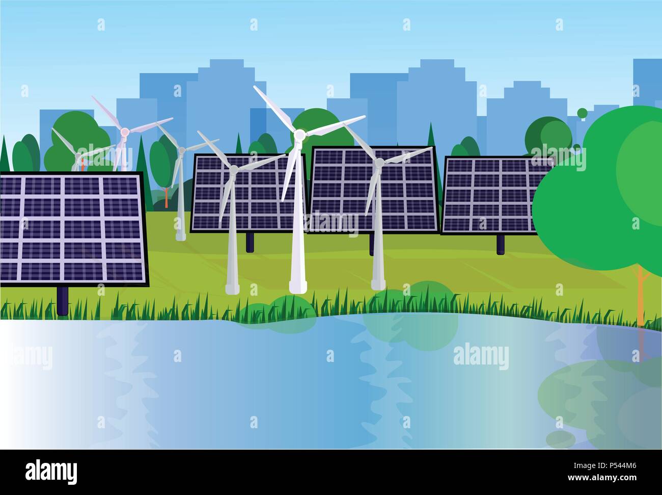 city park clean energy wind turbines solar energy panels river green ...