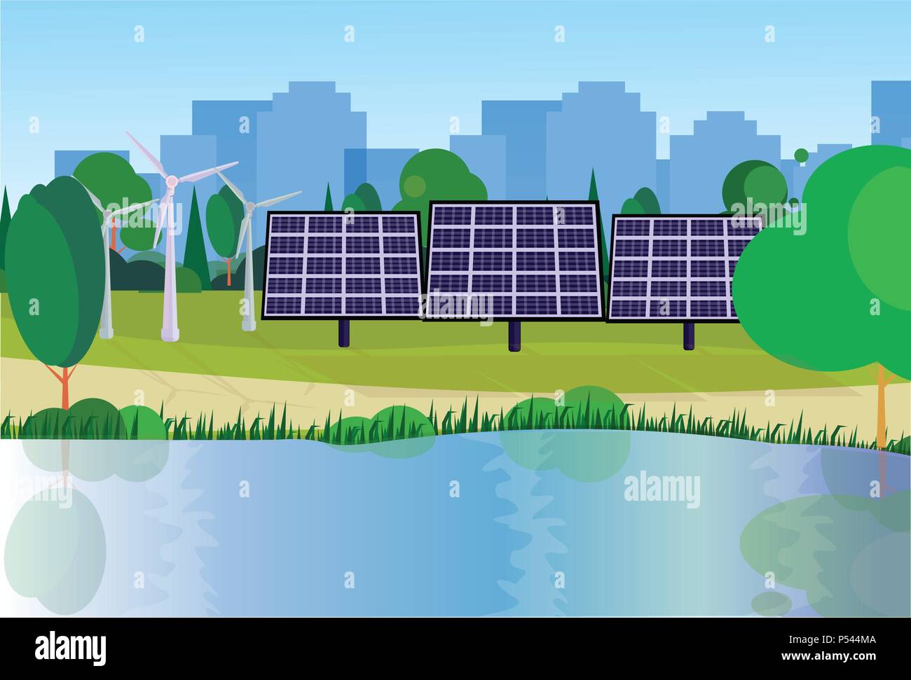 city park clean energy wind turbines solar energy panels river green ...