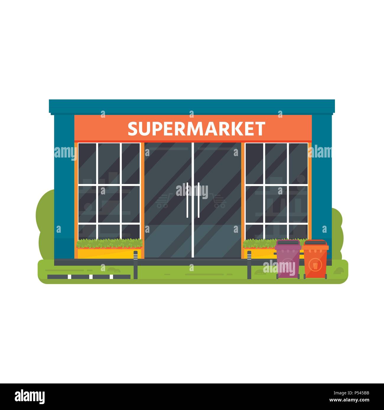 Vector flat design restaurants exterior and shops facade:  supermarket. Store front window buildings icons isolated on white background. Stock Vector